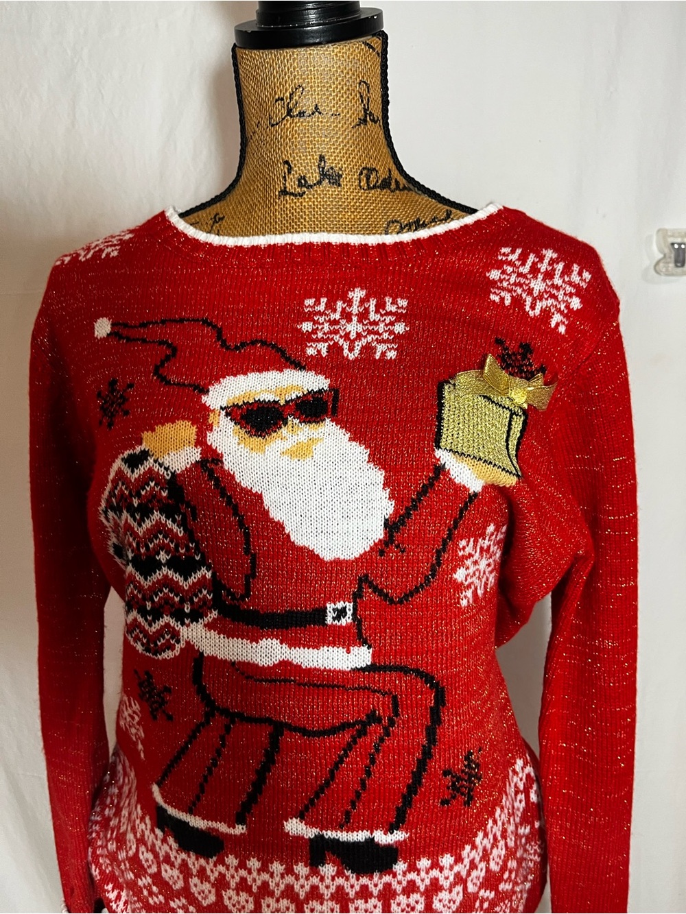 Ugly Christmas Sweater Holiday Hype Dancing Santa Metallic Knit Red Gold Size M
